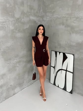 Kruvaze Drapeli Tokalı Mini Elbise Şık Gece Davet Abiye - Kahverengi