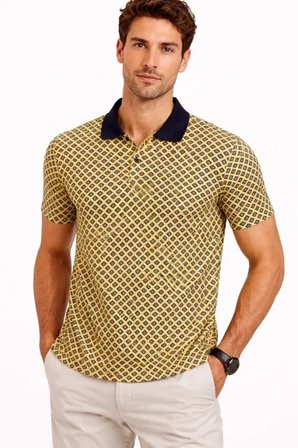 Erkek Pike Kumaş Polo Yaka Desenli Tişört Kısa Kol Yazlık T-Shirt - Sarı