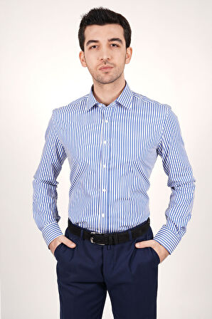 WorkMan Slim Fit Lacivert Çizgili %100 Pamuk Gömlek