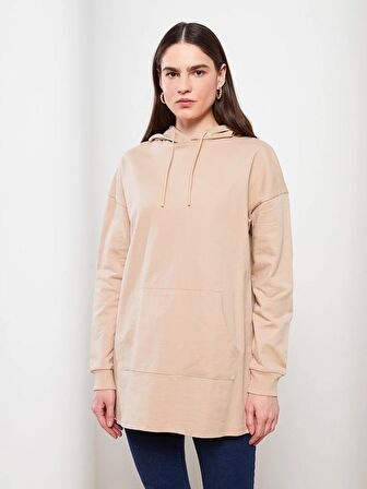 Kapüşonlu Düz Uzun Kollu Pamuklu Kadın Sweatshirt