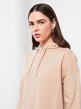 Kapüşonlu Düz Uzun Kollu Pamuklu Kadın Sweatshirt