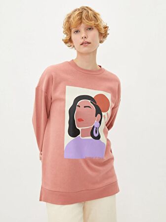 Bisiklet Yaka Baskılı Uzun Kollu Kadın Sweatshirt