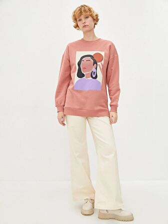Bisiklet Yaka Baskılı Uzun Kollu Kadın Sweatshirt