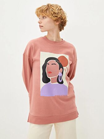 Bisiklet Yaka Baskılı Uzun Kollu Kadın Sweatshirt