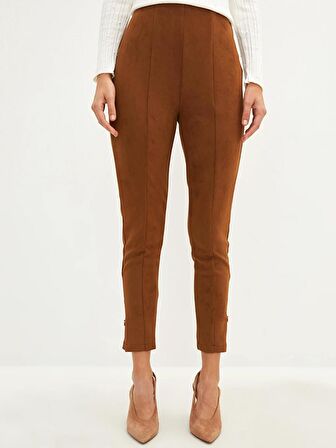 Slim Fit Paçaları Fermuar Detaylı Süet Kadın Pantolon