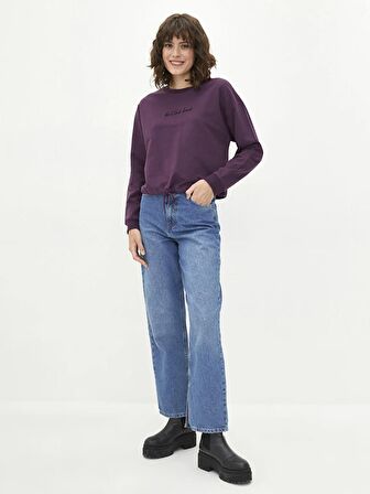 Bisiklet Yaka Nakışlı Uzun Kollu Kadın Sweatshirt