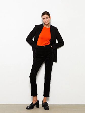 Normal Bel Dar Fit Düz Kadife Kadın Pantolon