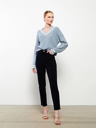 Normal Bel Dar Fit Düz Kadife Kadın Pantolon