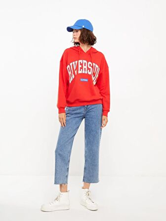 Kapüşonlu Baskılı Uzun Kollu Kadın Sweatshirt