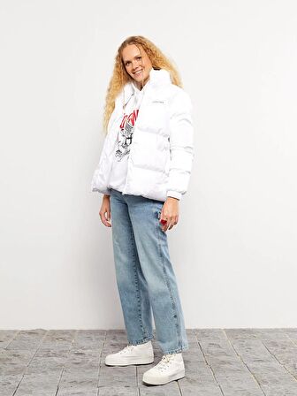 Dik Yaka Baskılı Uzun Kollu Kadın Şişme Mont