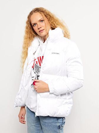 Dik Yaka Baskılı Uzun Kollu Kadın Şişme Mont