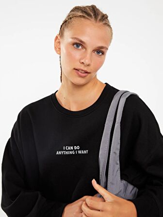 Bisiklet Yaka Baskılı Uzun Kollu Kadın Sweatshirt