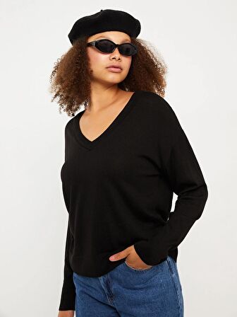 V Yaka Düz Uzun Kollu Kadın Triko Kazak