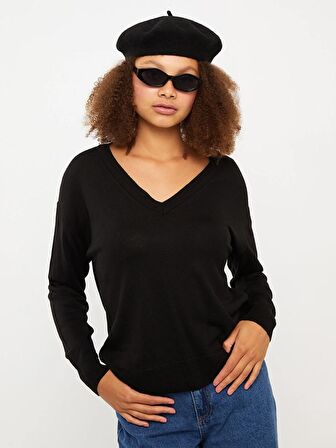 V Yaka Düz Uzun Kollu Kadın Triko Kazak