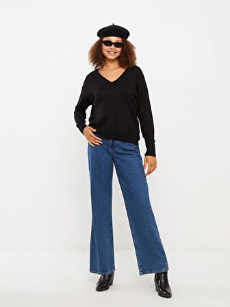 V Yaka Düz Uzun Kollu Kadın Triko Kazak