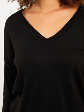 V Yaka Düz Uzun Kollu Kadın Triko Kazak