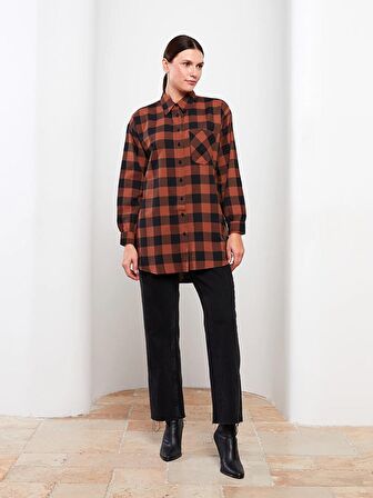 Ekose Uzun Kollu Oversize Kadın Gömlek Tunik