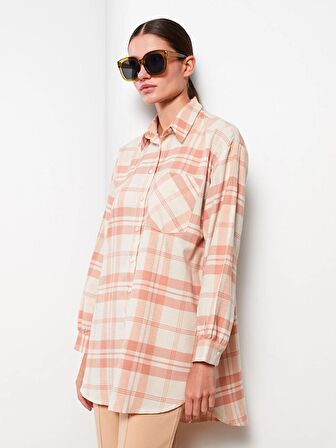 Ekose Uzun Kollu Oversize Kadın Gömlek Tunik