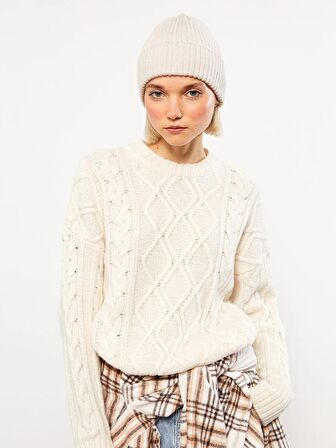 Bisiklet Yaka Kendinden Desenli Uzun Kollu Triko Kadın Kazak