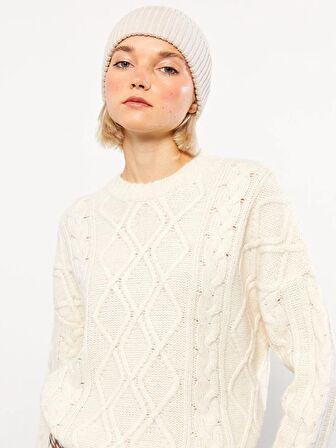 Bisiklet Yaka Kendinden Desenli Uzun Kollu Triko Kadın Kazak