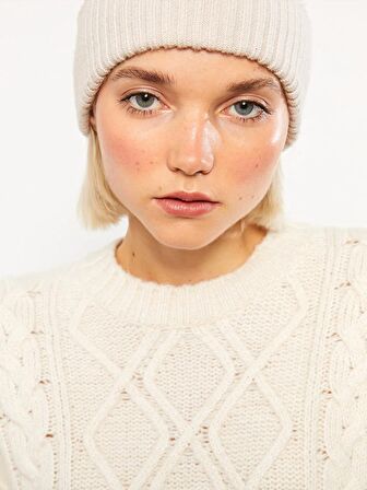 Bisiklet Yaka Kendinden Desenli Uzun Kollu Triko Kadın Kazak