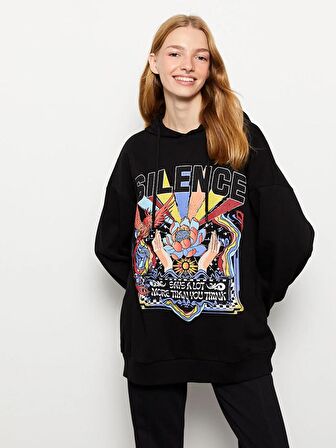 Kapüşonlu Baskılı Uzun Kollu Kadın Sweatshirt