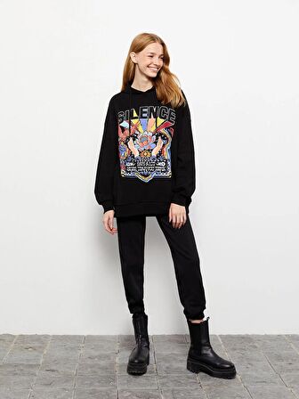 Kapüşonlu Baskılı Uzun Kollu Kadın Sweatshirt