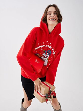 Yılbaşı Temalı Sylvester ve Tweety Baskılı Kadın Hoodie