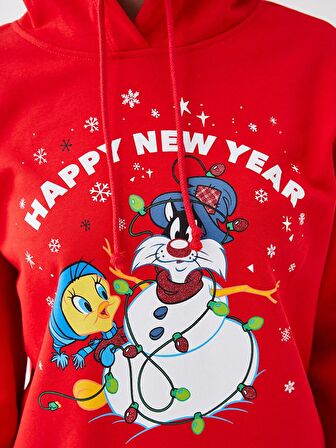 Yılbaşı Temalı Sylvester ve Tweety Baskılı Kadın Hoodie