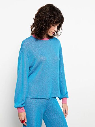 Bisiklet Yaka Kendinden Desenli Uzun Kollu Kadın Sweatshirt