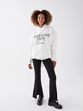 Bisiklet Yaka Baskılı Uzun Kollu Kadın Sweatshirt