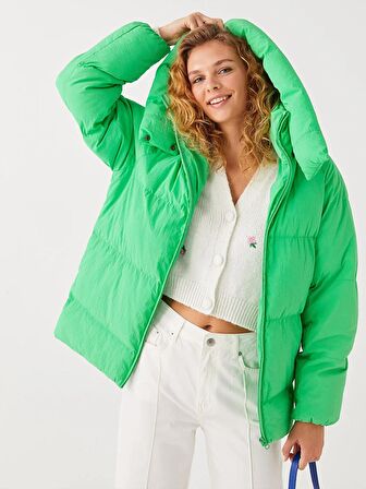 Kapüşonlu Düz Uzun Kollu Oversize Kadın Şişme Mont