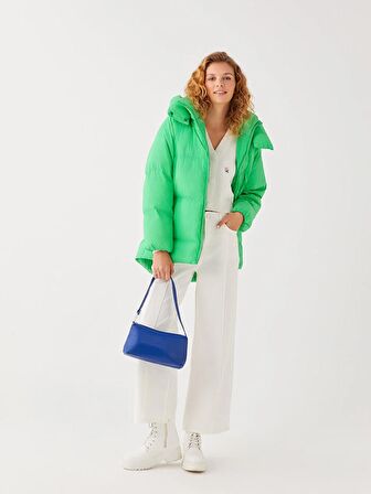 Kapüşonlu Düz Uzun Kollu Oversize Kadın Şişme Mont