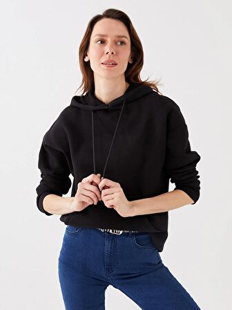 Kapüşonlu Düz Uzun Kollu Kadın Sweatshirt