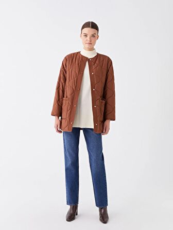 Bisiklet Yaka Kendinden Desenli Kadın Şişme Mont