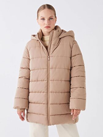 Kapüşonlu Düz Oversize Kadın Şişme Mont