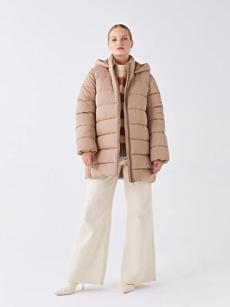 Kapüşonlu Düz Oversize Kadın Şişme Mont