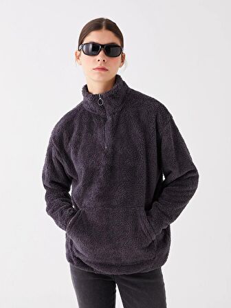 Dik Yaka Düz Uzun Kollu Oversize Kadın Pelüş Sweatshirt