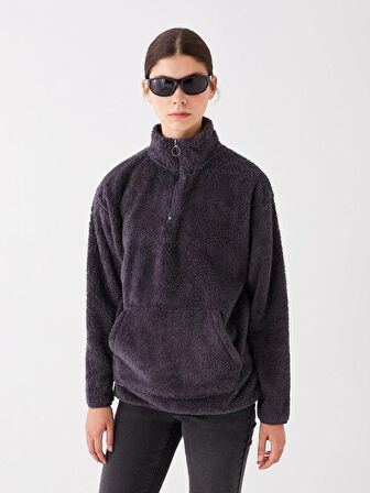 Dik Yaka Düz Uzun Kollu Oversize Kadın Pelüş Sweatshirt