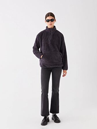 Dik Yaka Düz Uzun Kollu Oversize Kadın Pelüş Sweatshirt