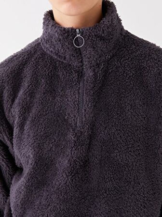 Dik Yaka Düz Uzun Kollu Oversize Kadın Pelüş Sweatshirt