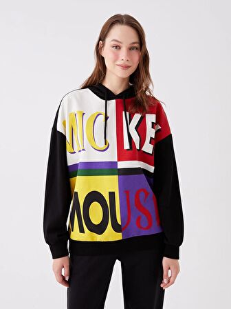 Mickey Mouse Baskılı Uzun Kollu Oversize Kadın Hoodie