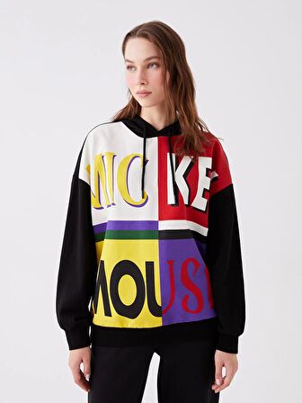Mickey Mouse Baskılı Uzun Kollu Oversize Kadın Hoodie