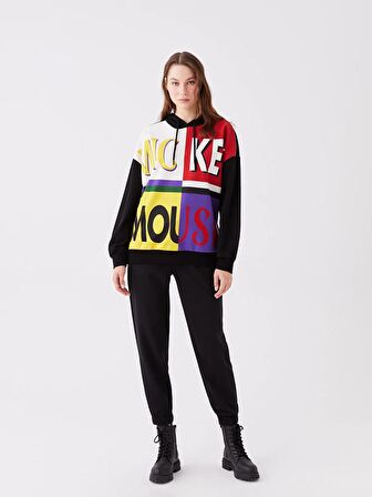 Mickey Mouse Baskılı Uzun Kollu Oversize Kadın Hoodie