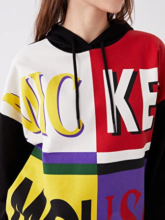 Mickey Mouse Baskılı Uzun Kollu Oversize Kadın Hoodie