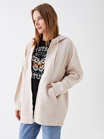 Kapüşonlu Düz Oversize Kadın Fermuarlı Sweatshirt