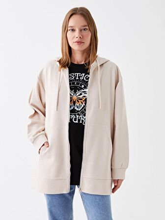Kapüşonlu Düz Oversize Kadın Fermuarlı Sweatshirt