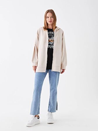 Kapüşonlu Düz Oversize Kadın Fermuarlı Sweatshirt