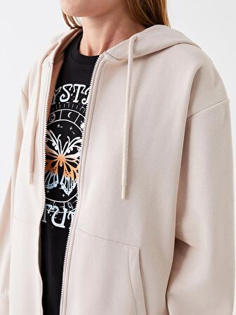 Kapüşonlu Düz Oversize Kadın Fermuarlı Sweatshirt