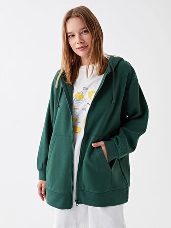 Kapüşonlu Düz Oversize Kadın Fermuarlı Sweatshirt